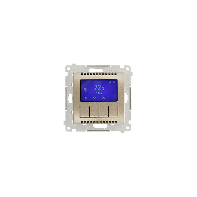 Termostat programowalny z wyświetlaczem z wew/zewn czujnikiem temperatury bez sondy (moduł) złoty mat Kontakt Simon 54