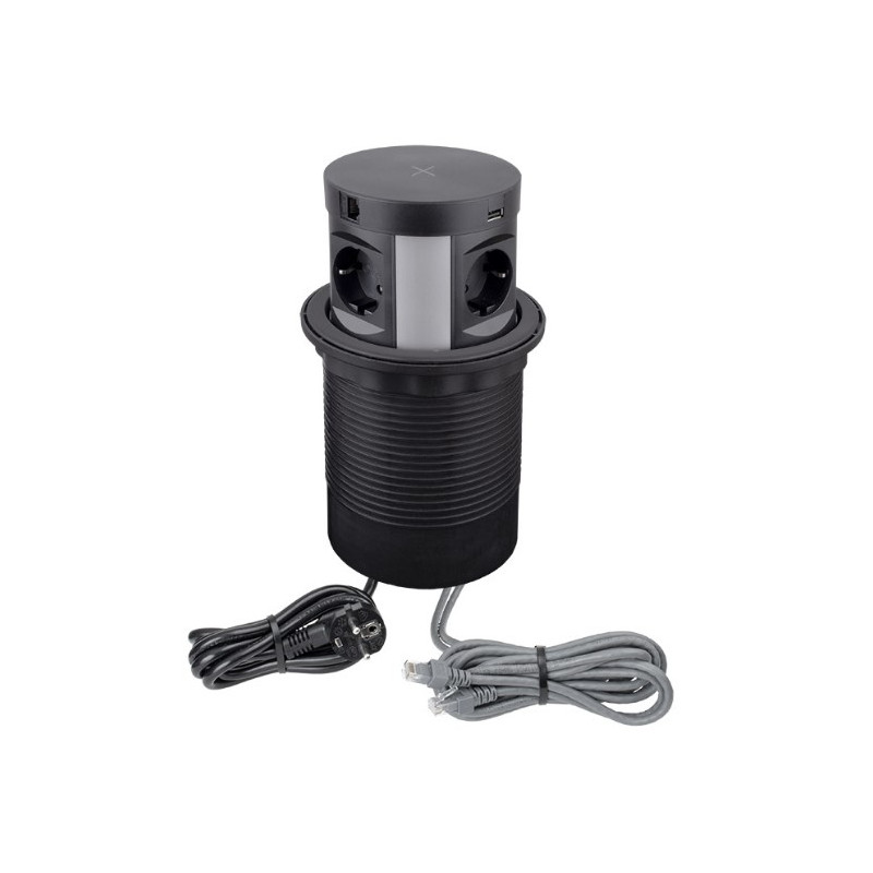 Gniazdo wpuszczane schuko MULTI BOX 2xUSB + 2xRJ45 z ładowarką indukcyjną i przewodem 17m. 