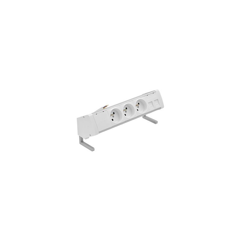 Biurkowy zestaw gniazd 3x230V + moduł dla 2 złączy RJ45 keystone + złącze 10 cm przewód alu-biały KOTANKT SIMON 480